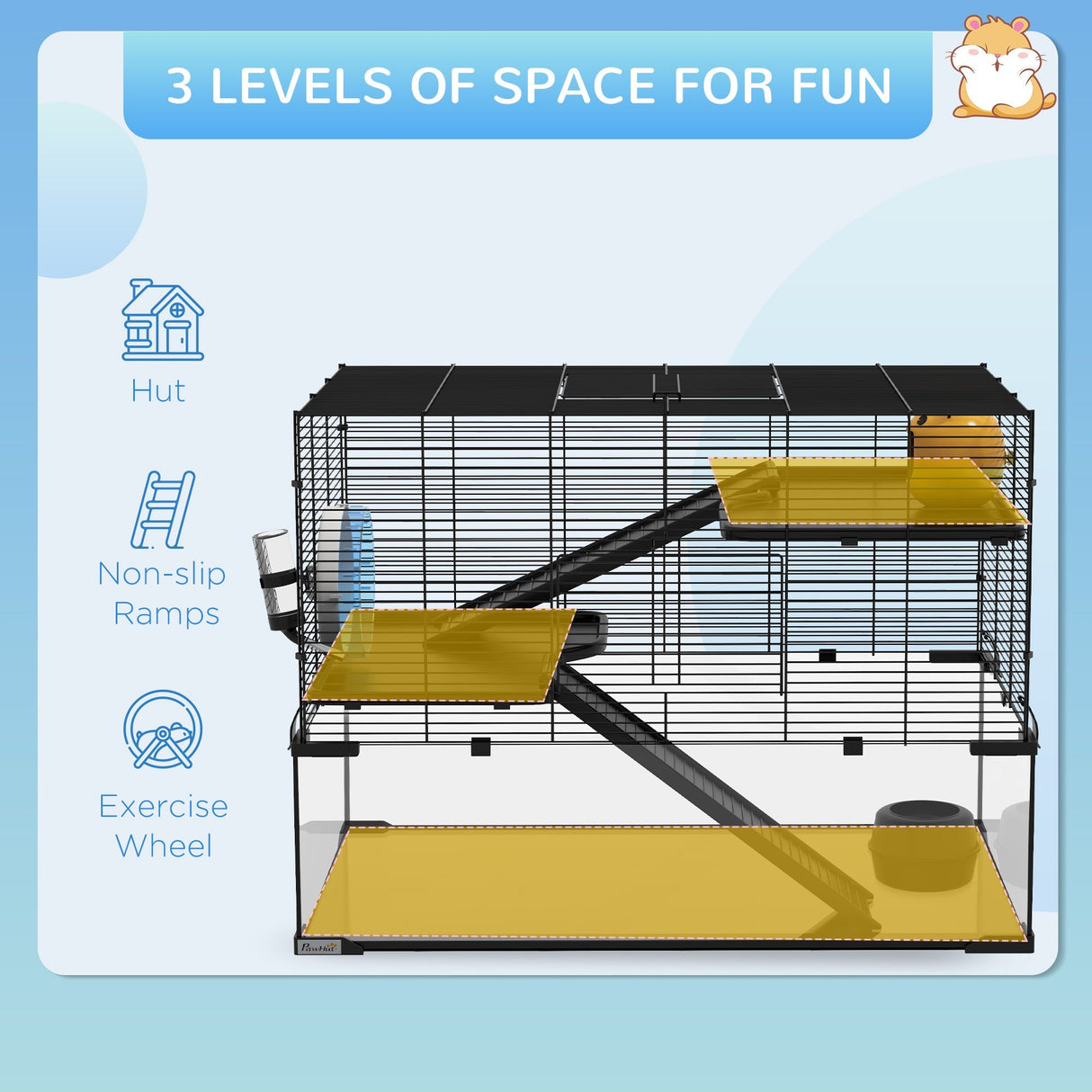 3-Tier Gerbil & Hamster Cage with Glass Bottom - 78.5 x 48.5 x 57cm, PawHut,