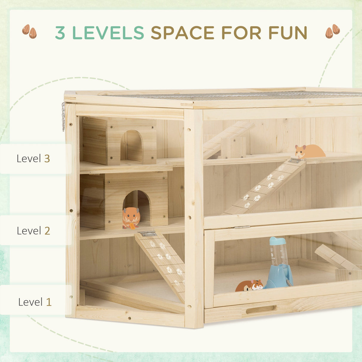 3-Tier Wooden Hamster Cage with Entertainment Features, PawHut,