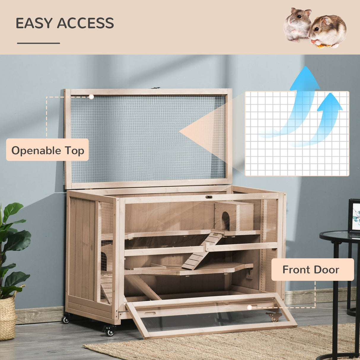 3-Tier Wooden Hamster Rodent Cage with Ladders - Natural Wood, PawHut,