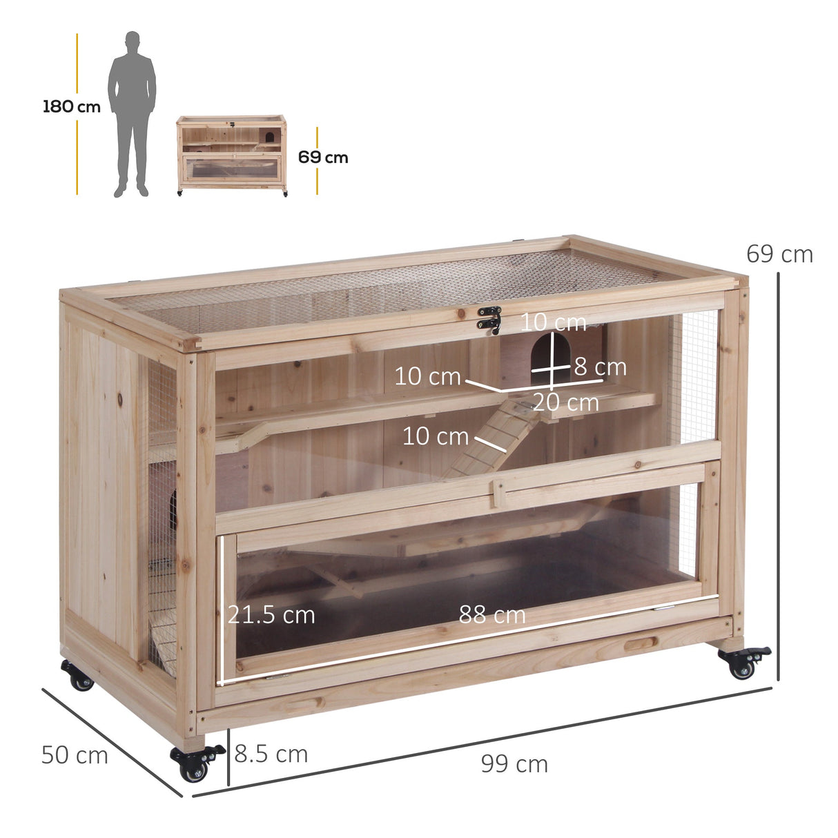 3-Tier Wooden Hamster Rodent Cage with Ladders - Natural Wood, PawHut,