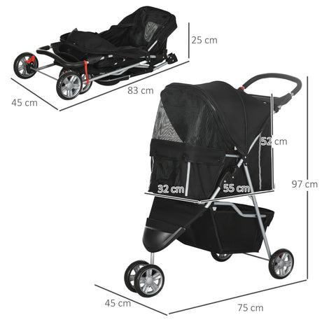 3-Wheel Pet Pram: Compact & Comfortable Pet Stroller For Miniature Dogs, PawHut, Black