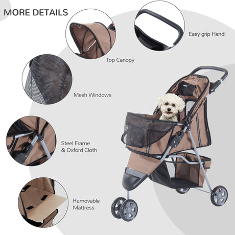 3-Wheel Pet Pram: Compact & Comfortable Pet Stroller For Miniature Dogs, PawHut, Brown