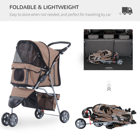 3-Wheel Pet Pram: Compact & Comfortable Pet Stroller For Miniature Dogs, PawHut, Brown