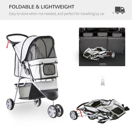 3-Wheel Pet Pram: Compact & Comfortable Pet Stroller For Miniature Dogs, PawHut, Grey