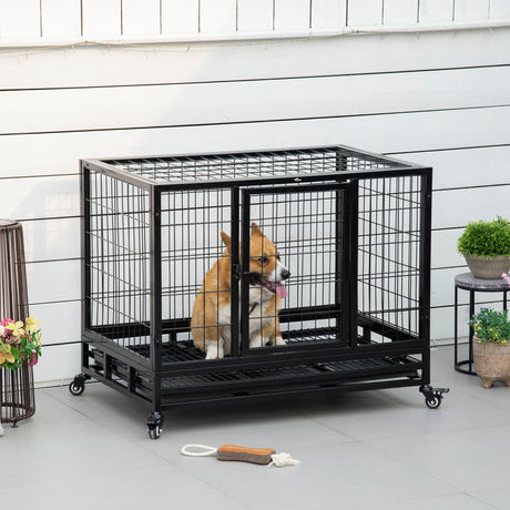 38" Heavy Duty Metal Dog Kennel Pet Cage with Crate Tray and Wheels | Medium, PawHut, Medium