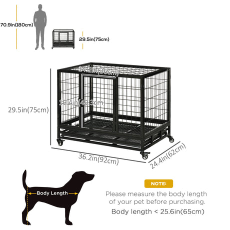 38" Heavy Duty Metal Dog Kennel Pet Cage with Crate Tray and Wheels | Medium, PawHut, Medium