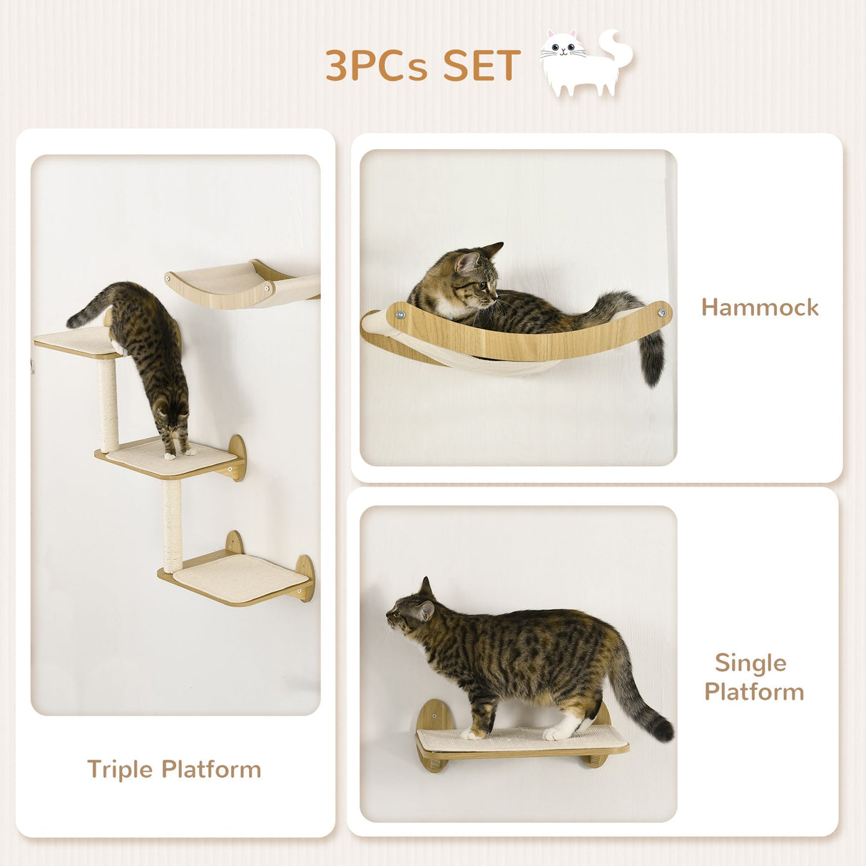 3PCs Wall Mounted Cats Shelves, Cat Climbing Shelf Set, Kitten Activity Center with Jumping Platforms Hammock Scratching Post, Oak, PawHut,