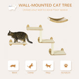 3PCs Wall Mounted Cats Shelves, Cat Climbing Shelf Set, Kitten Activity Center with Jumping Platforms Hammock Scratching Post, Oak, PawHut,