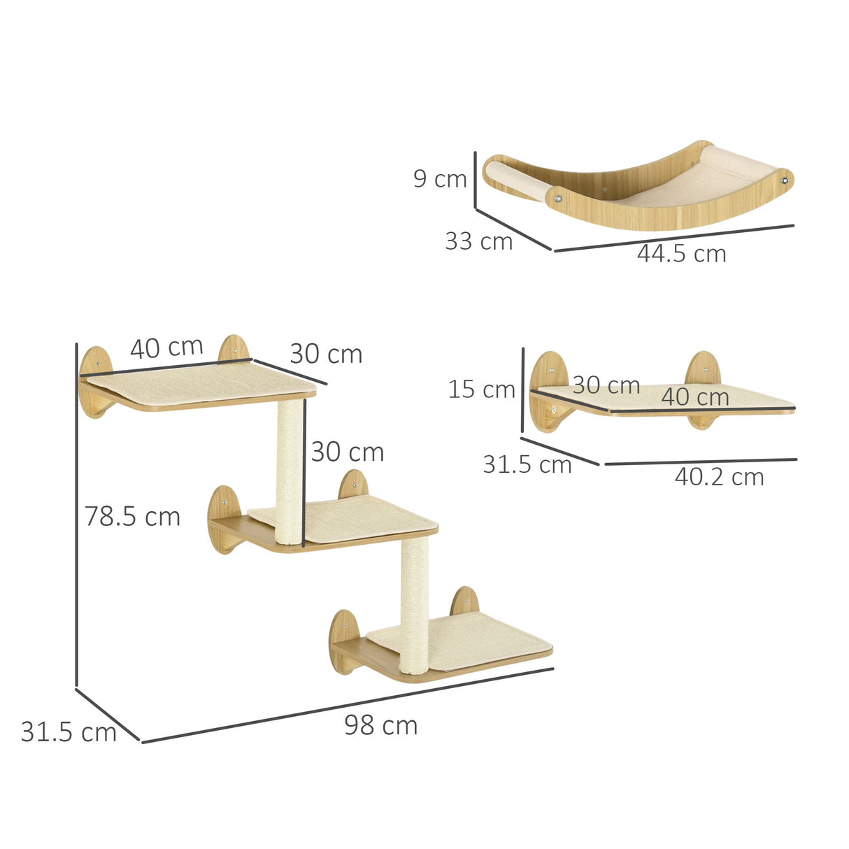 3PCs Wall Mounted Cats Shelves, Cat Climbing Shelf Set, Kitten Activity Center with Jumping Platforms Hammock Scratching Post, Oak, PawHut,