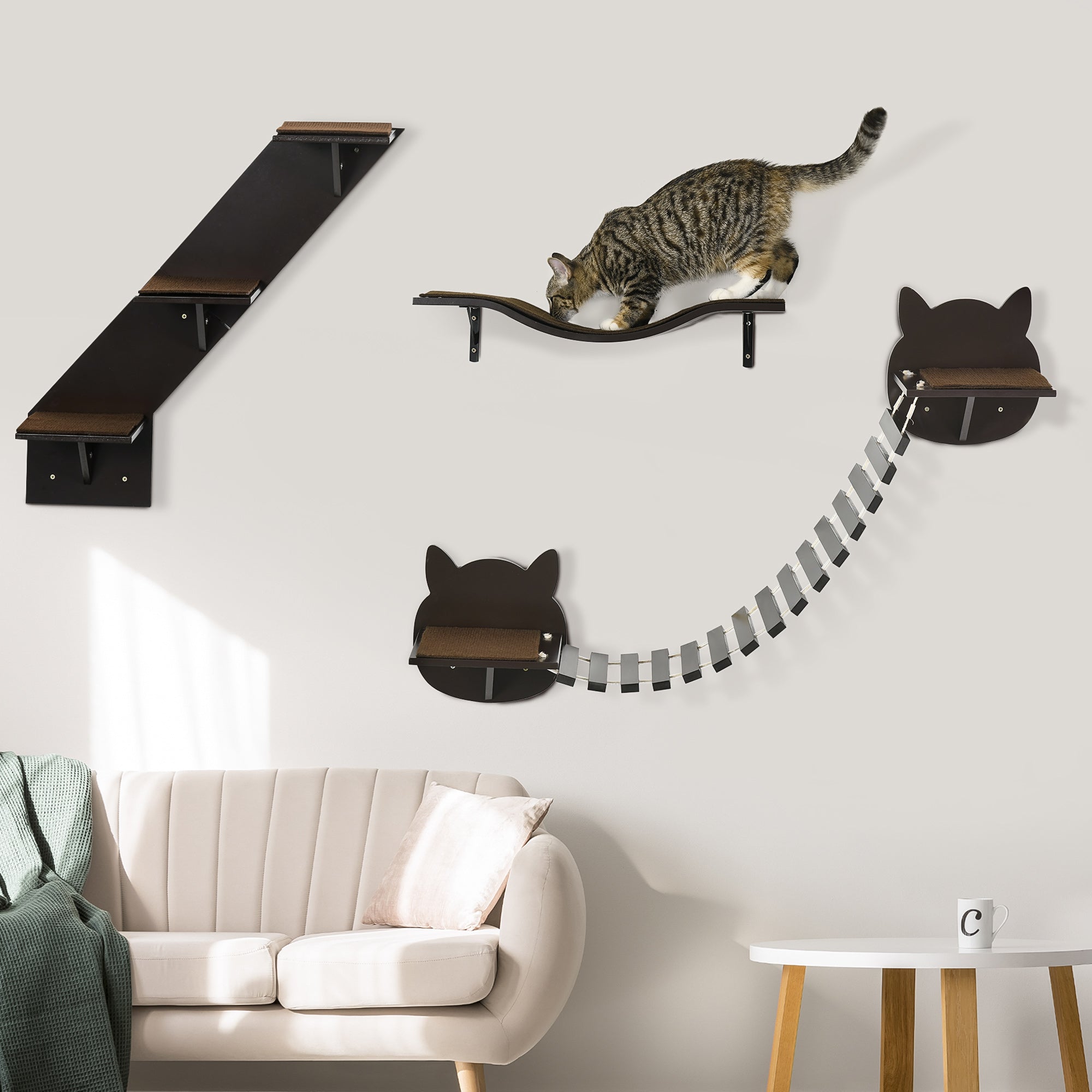3PCs Wall-mounted Cats Shelves, Cat Climbing Shelf Set, Kitten Activity Center with Jumping Platforms, Ladders, Coffee Brown, PawHut,