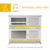 4 FT Rabbit Hutch Two Tier Wooden Guinea Pig Cage Bunny House w/ Rain Cover, Wheels - Grey, PawHut,