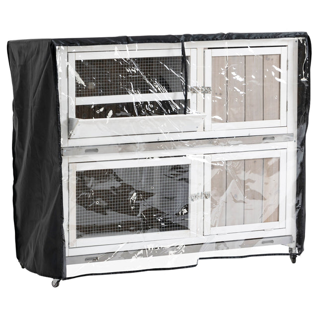 4 FT Rabbit Hutch Two Tier Wooden Guinea Pig Cage Bunny House w/ Rain Cover, Wheels - Grey, PawHut,