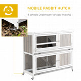 4 FT Rabbit Hutch Two Tier Wooden Guinea Pig Cage Bunny House w/ Rain Cover, Wheels - Grey, PawHut,