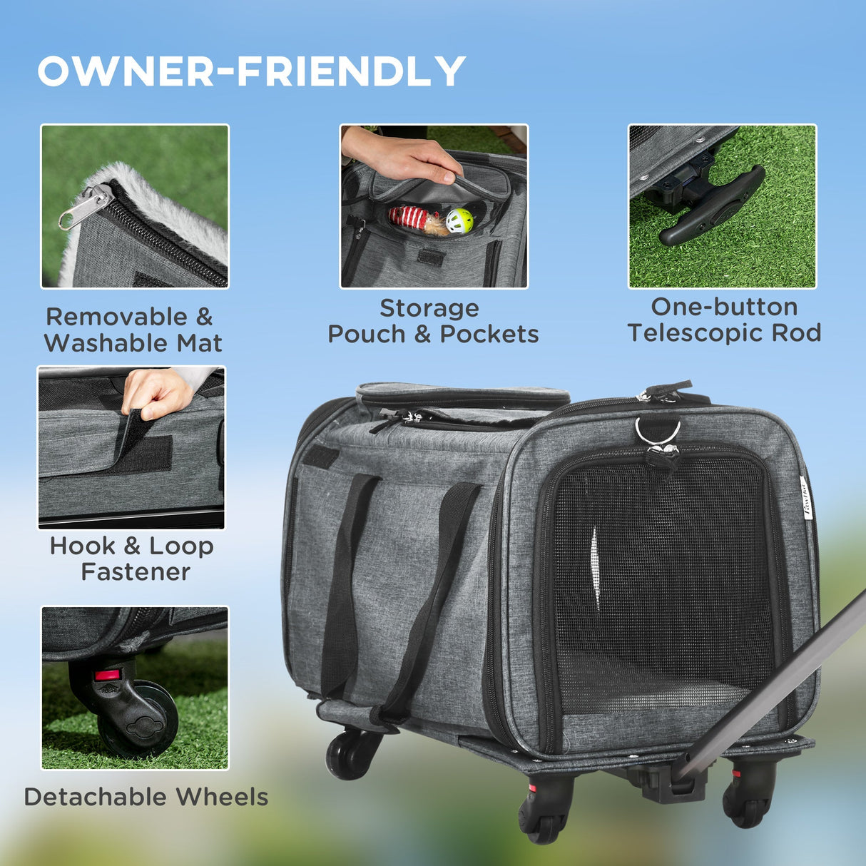 4 in 1 Pet Carrier On Wheels for Cats, Miniature Dogs with Telescopic Handle, Grey, PawHut,