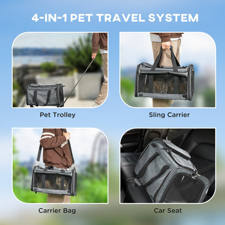 4 in 1 Pet Carrier On Wheels for Cats, Miniature Dogs with Telescopic Handle, Grey, PawHut,