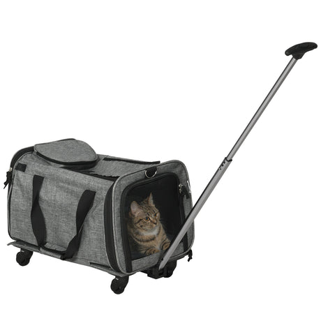 4 in 1 Pet Carrier On Wheels for Cats, Miniature Dogs with Telescopic Handle, Grey, PawHut,