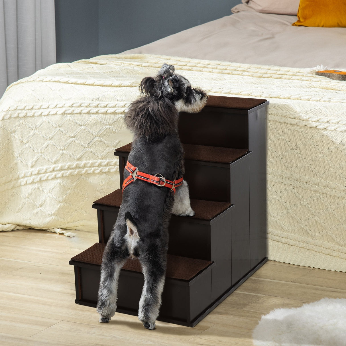 4-Step Wooden Pet Stairs for Beds: Comfy Dog Ladder | Non-Slip Cushion, PawHut, Dark Brown