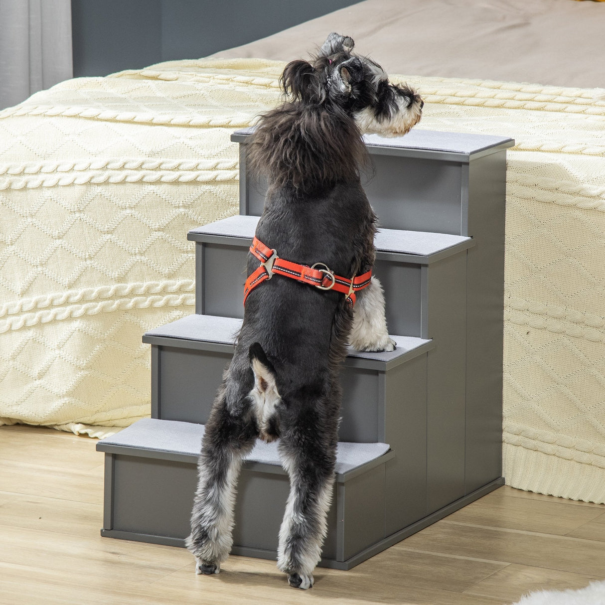 4-Step Wooden Pet Stairs for Beds: Comfy Dog Ladder | Non-Slip Cushion, PawHut, Grey