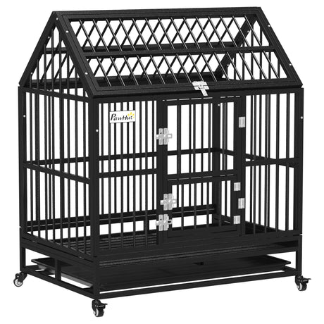 43" Heavy Duty Dog Crate on Wheels, with Removable Tray, Openable Top, PawHut,