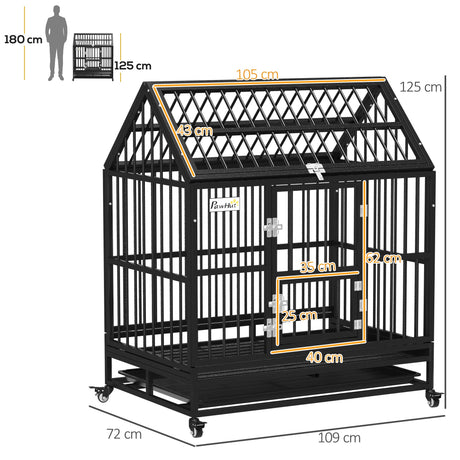 43" Heavy Duty Dog Crate on Wheels, with Removable Tray, Openable Top, PawHut,