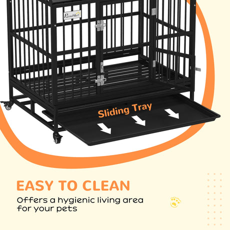 43" Heavy Duty Dog Crate on Wheels, with Removable Tray, Openable Top, PawHut,