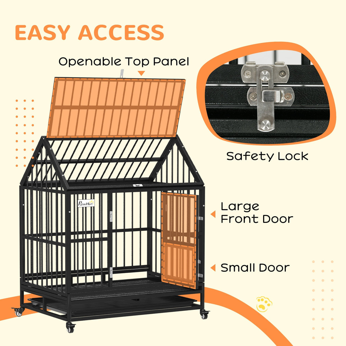 43" Heavy Duty Dog Crate on Wheels, with Removable Tray, Openable Top, PawHut,