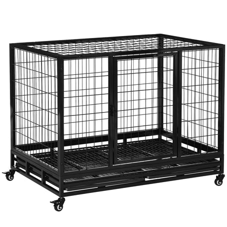 43" Heavy Duty Metal Dog Kennel Pet Cage with Crate Tray and Wheels | Large, PawHut, Large