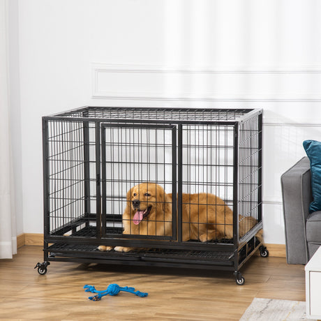 43" Heavy Duty Metal Dog Kennel Pet Cage with Crate Tray and Wheels | Large, PawHut, Large