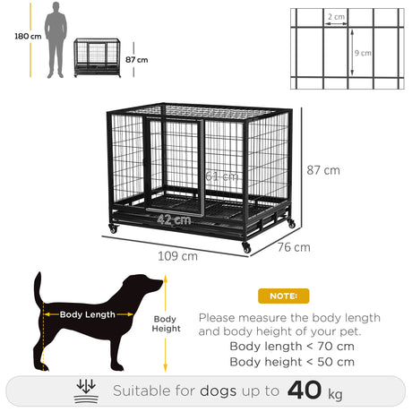 43" Heavy Duty Metal Dog Kennel Pet Cage with Crate Tray and Wheels | Large, PawHut, Large