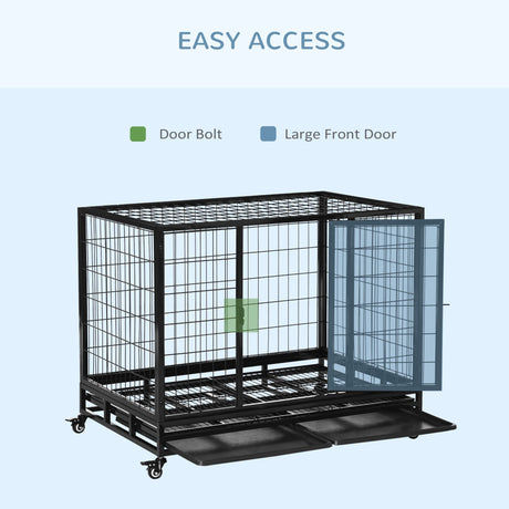 43" Heavy Duty Metal Dog Kennel Pet Cage with Crate Tray and Wheels | Large, PawHut, Large