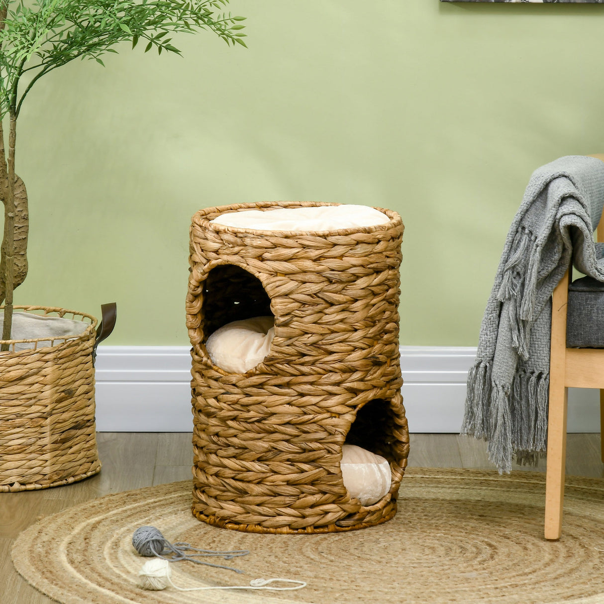 47cm Cat Barrel Tree for Indoor Cats with 2 Cat Houses, Kitten Tower with Cushion - Light Brown, PawHut,