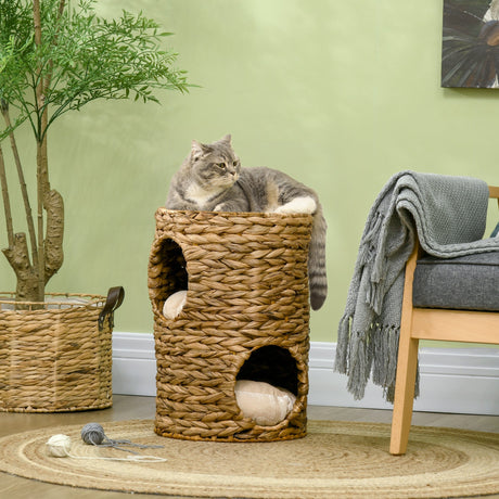 47cm Cat Barrel Tree for Indoor Cats with 2 Cat Houses, Kitten Tower with Cushion - Light Brown, PawHut,