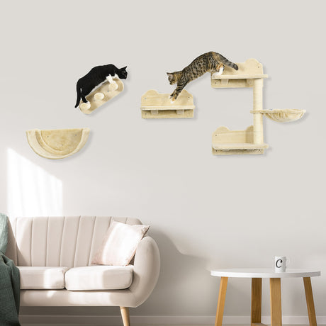 4PCs Wall-Mounted Cat Shelves w/ Scratching Post, Hammock, Nest, PawHut, Beige