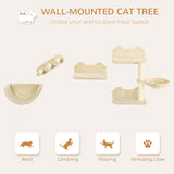 4PCs Wall-Mounted Cat Shelves w/ Scratching Post, Hammock, Nest, PawHut, Beige