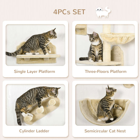 4PCs Wall-Mounted Cat Shelves w/ Scratching Post, Hammock, Nest, PawHut, Beige