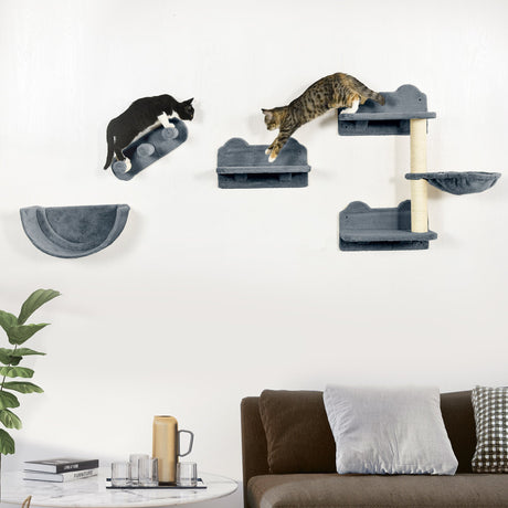 4PCs Wall-Mounted Cat Shelves w/ Scratching Post, Hammock, Nest, PawHut, Beige