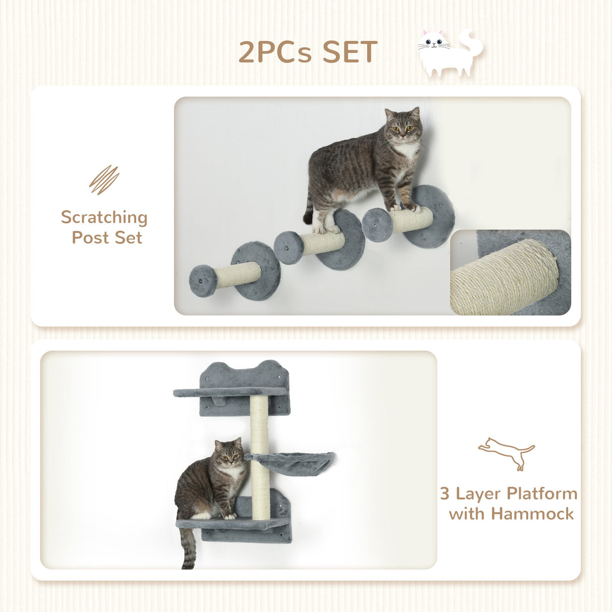 5 Piece Cat Shelf with Scratching Post, Wall-Mounted Cat Tree for Indoor Cat, PawHut, Grey