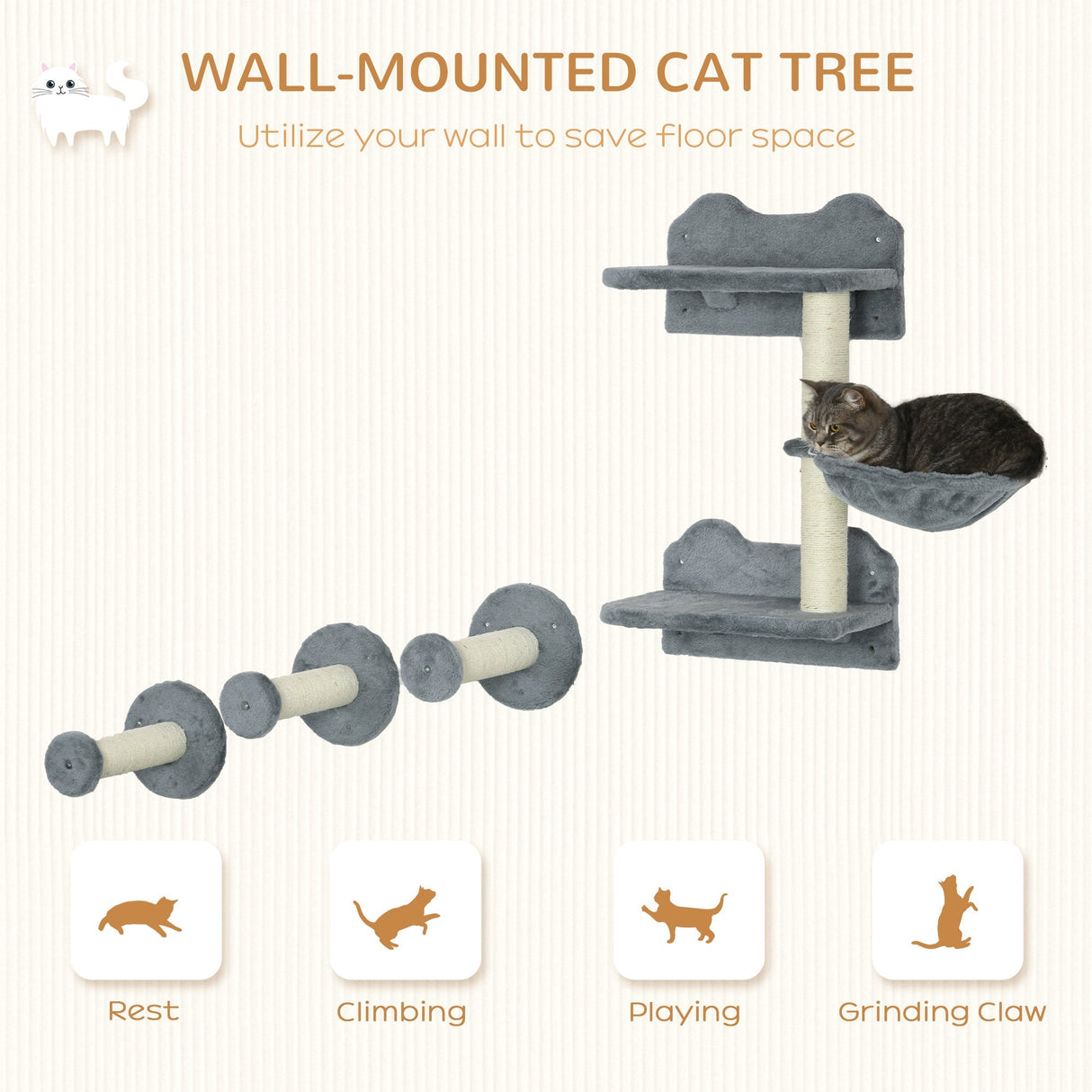 5 Piece Cat Shelf with Scratching Post, Wall-Mounted Cat Tree for Indoor Cat, PawHut, Grey
