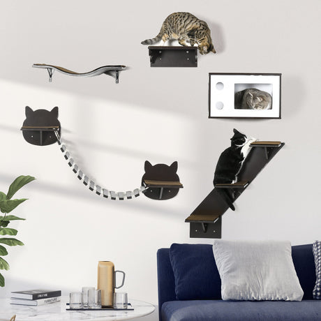 5 Piece Cat Wall Shelves, Wall-Mounted Cat Tree for Indoor Use - Brown, PawHut,