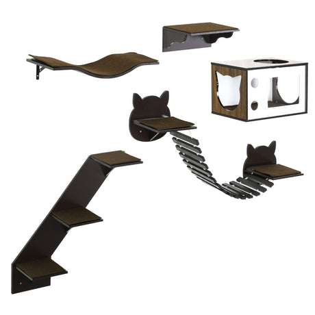 5 Piece Cat Wall Shelves, Wall-Mounted Cat Tree for Indoor Use - Brown, PawHut,