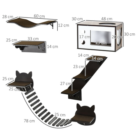 5 Piece Cat Wall Shelves, Wall-Mounted Cat Tree for Indoor Use - Brown, PawHut,