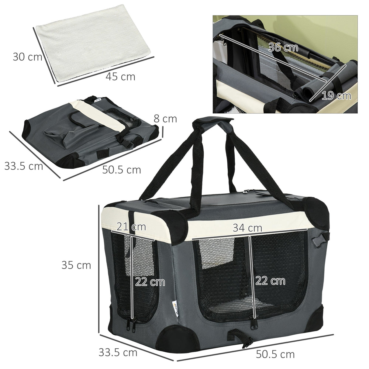 51cm Foldable Pet Carrier, with Cushion, for Mini Dogs and Cats, PawHut, Grey