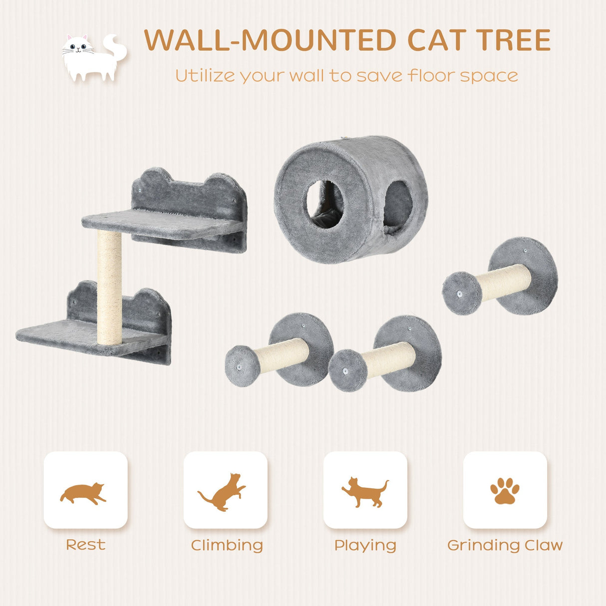 5PCs Cat Wall Furniture with Perch, Cat House, Scratching Post, PawHut,