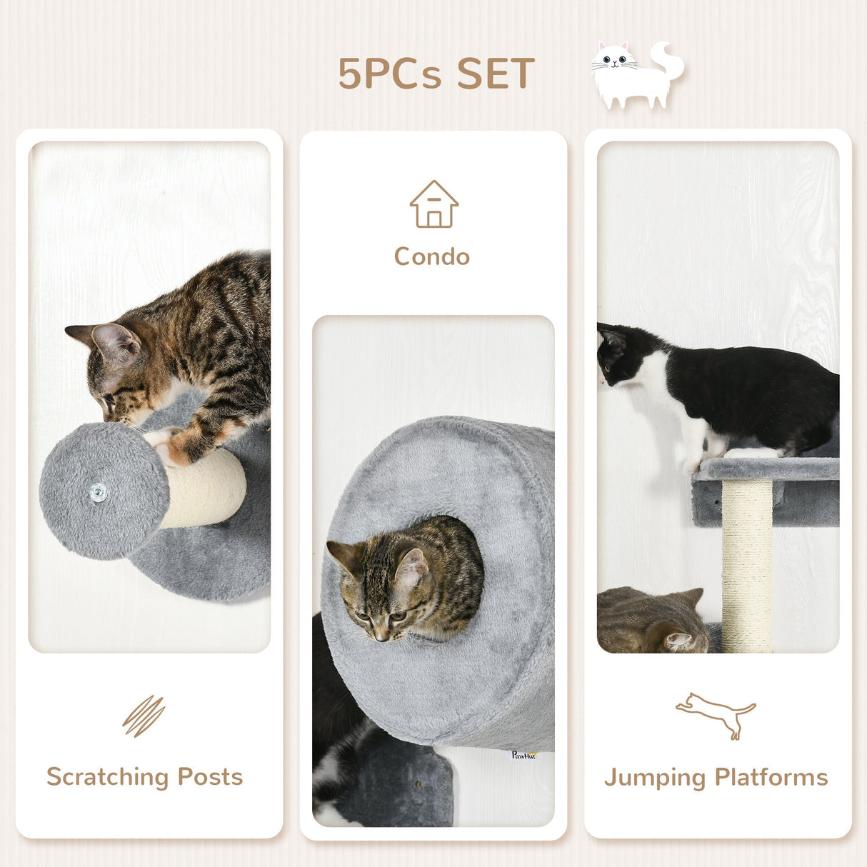 5PCs Cat Wall Furniture with Perch, Cat House, Scratching Post, PawHut,