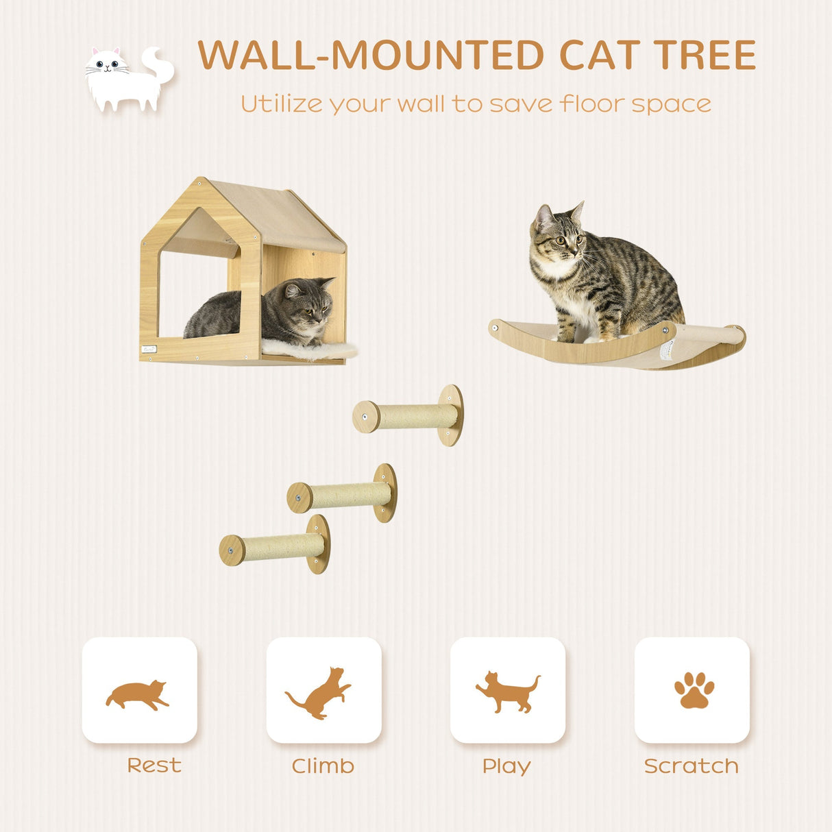 5PCs Wall Mounted Cats Shelves, Cat Climbing Shelf Set, Kitten Activity Center with Condo Hammock Scratching Post, Oak, PawHut,