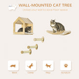5PCs Wall Mounted Cats Shelves, Cat Climbing Shelf Set, Kitten Activity Center with Condo Hammock Scratching Post, Oak, PawHut,