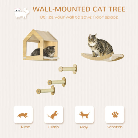 5PCs Wall Mounted Cats Shelves, Cat Climbing Shelf Set, Kitten Activity Center with Condo Hammock Scratching Post, Oak, PawHut,