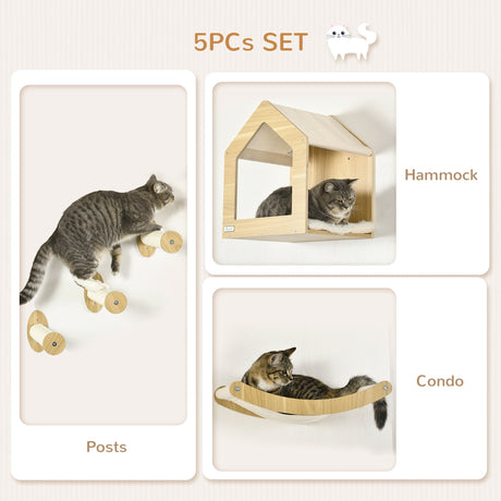 5PCs Wall Mounted Cats Shelves, Cat Climbing Shelf Set, Kitten Activity Center with Condo Hammock Scratching Post, Oak, PawHut,