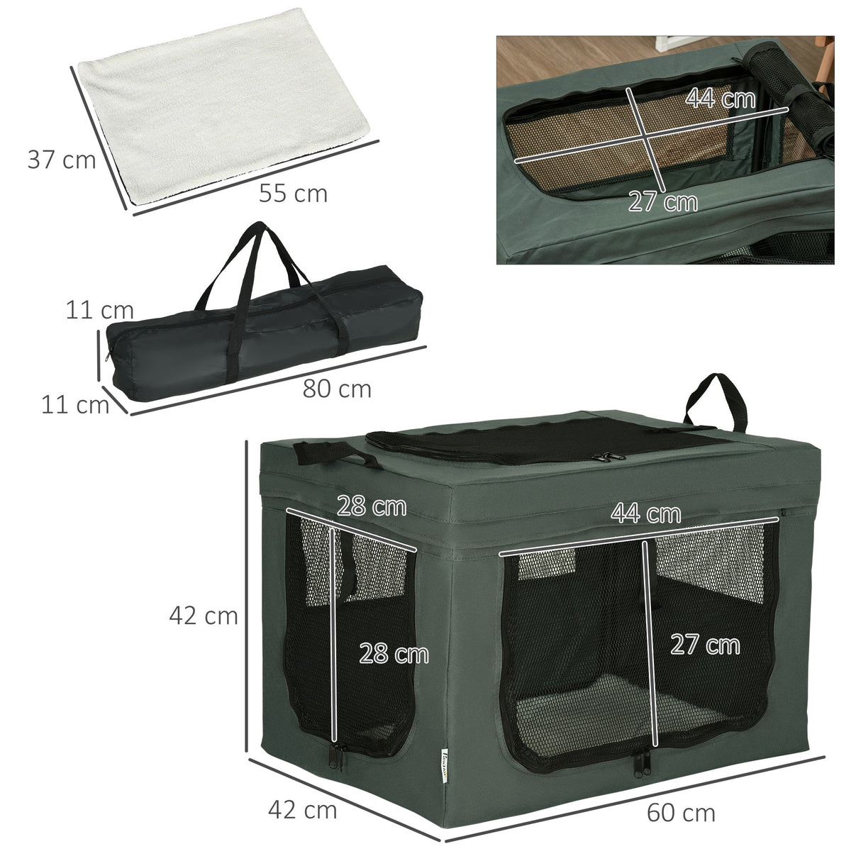 60cm Portable Pet Carrier with Soft Cushion & Mesh Window, for Miniature Dogs, PawHut, Grey