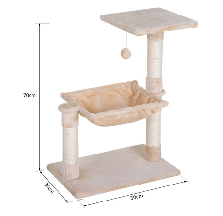 70cm Cat Tree for Indoor Cats Durable Natural Sisal Scratching Posts Hammock Bed Kitty Activity Center, PawHut, Beige